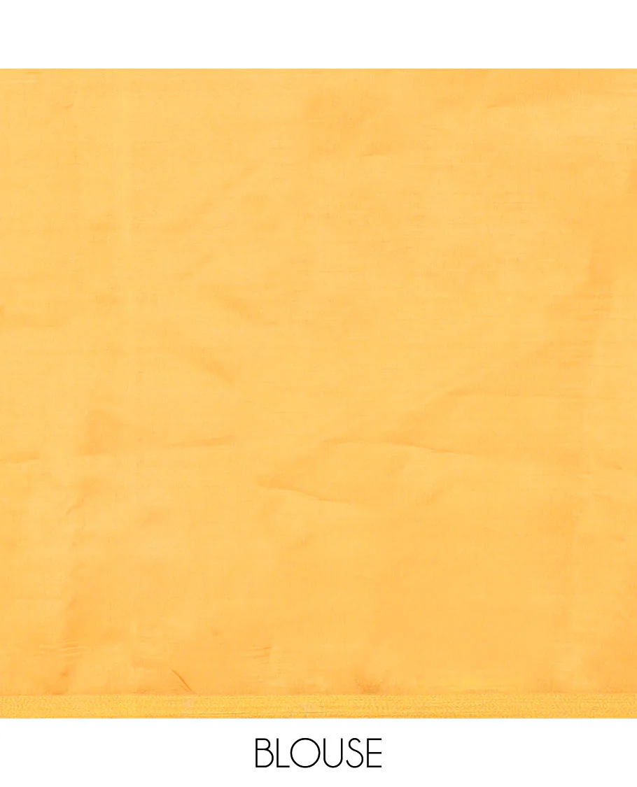 Yellow shibori motifs printed Banana pith saree, golden zari bavanji border, and pallu steeped with sparse gold lines - Image 8