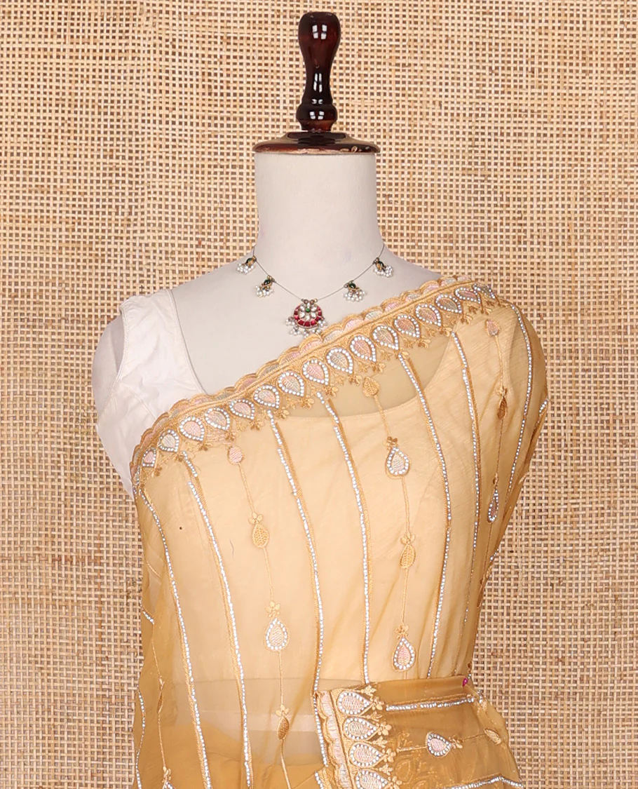 Yellow striped and thilakam stone-thread embroidered designer saree, scallop embroidered border - Image 3