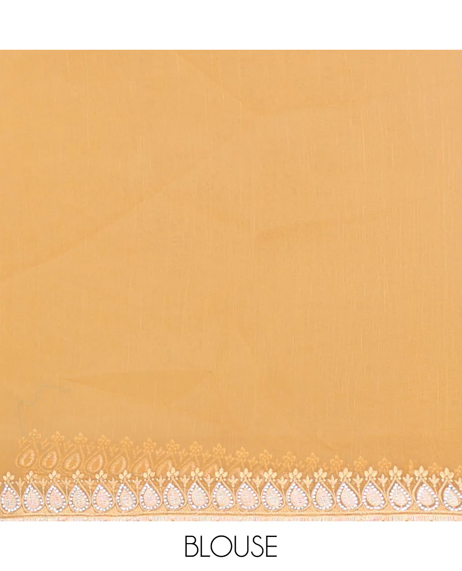 Yellow striped and thilakam stone-thread embroidered designer saree, scallop embroidered border - Image 4