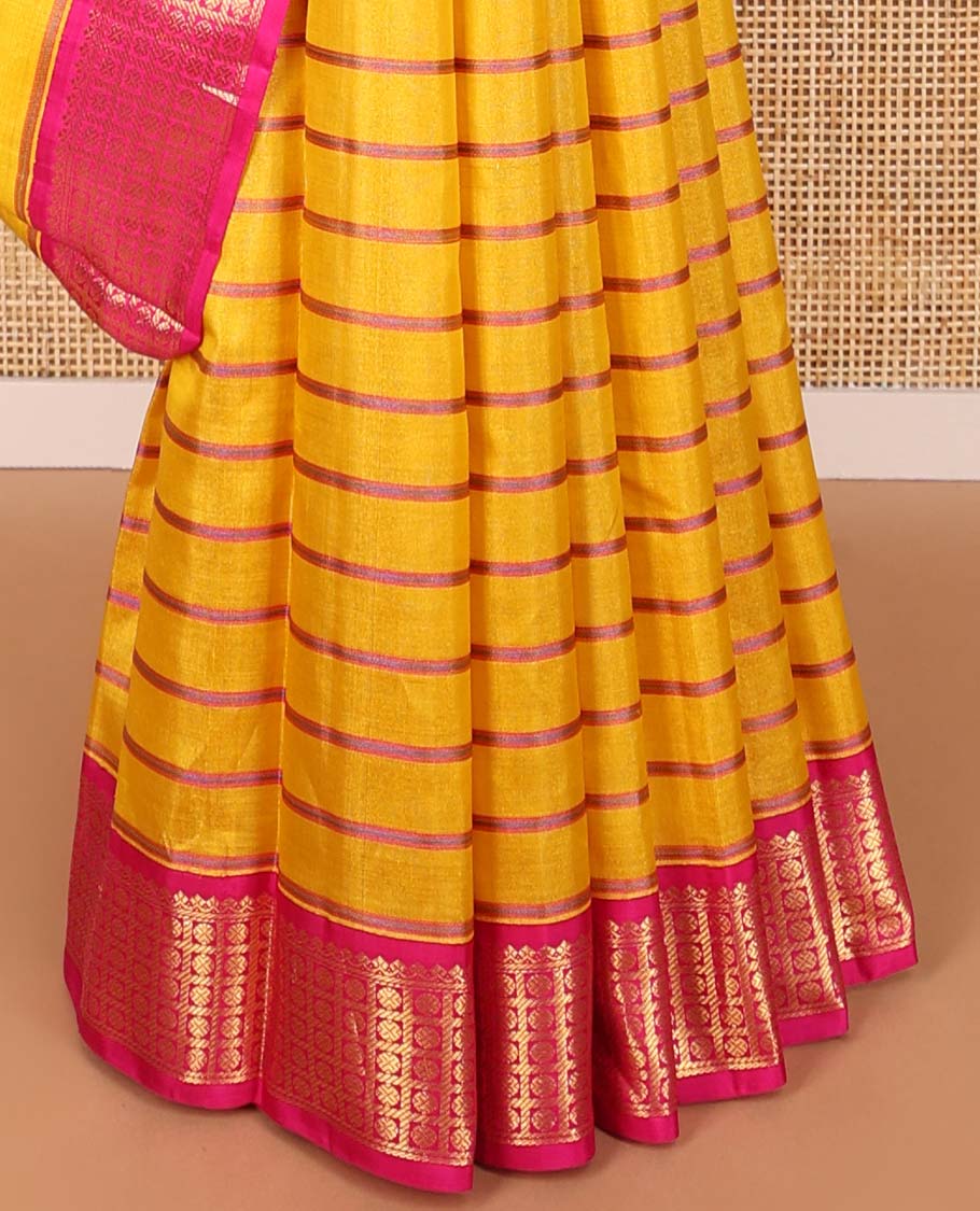Yellow striped kanchipuram silk saree with contrast ganga jamuna border of thilakam mokku, banaras, paun design & zari design pallu - Image 5