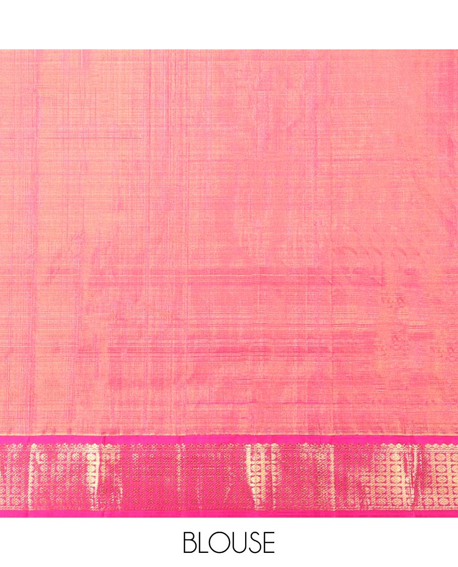 Yellow striped kanchipuram silk saree with contrast ganga jamuna border of thilakam mokku, banaras, paun design & zari design pallu - Image 6