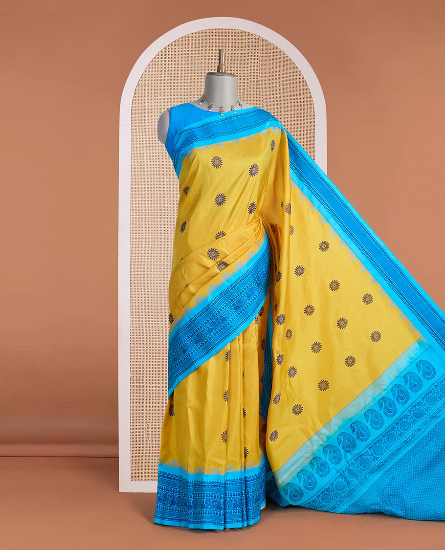 Yellow sunburst-style buttas gadwal silk saree, contrast traditional design border & pallu of jaal designs - Image 2