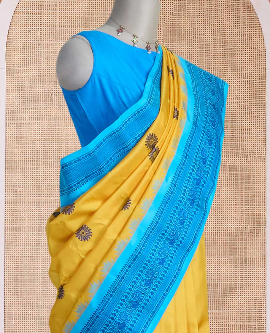 Yellow sunburst-style buttas gadwal silk saree, contrast traditional design border & pallu of jaal designs - Image 3