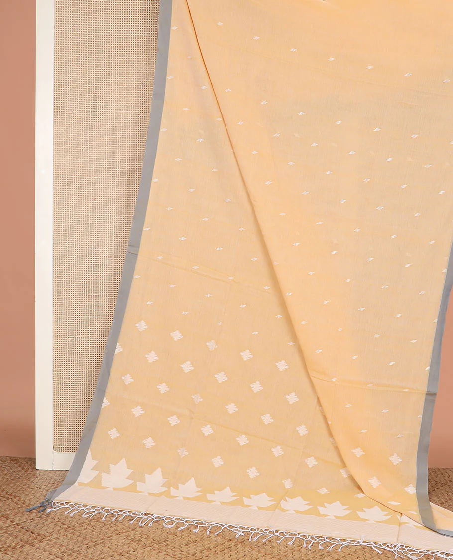 Yellow thread buttas Khadi cotton saree, contrast plain border, and pallu of geometric buttas - Image 2