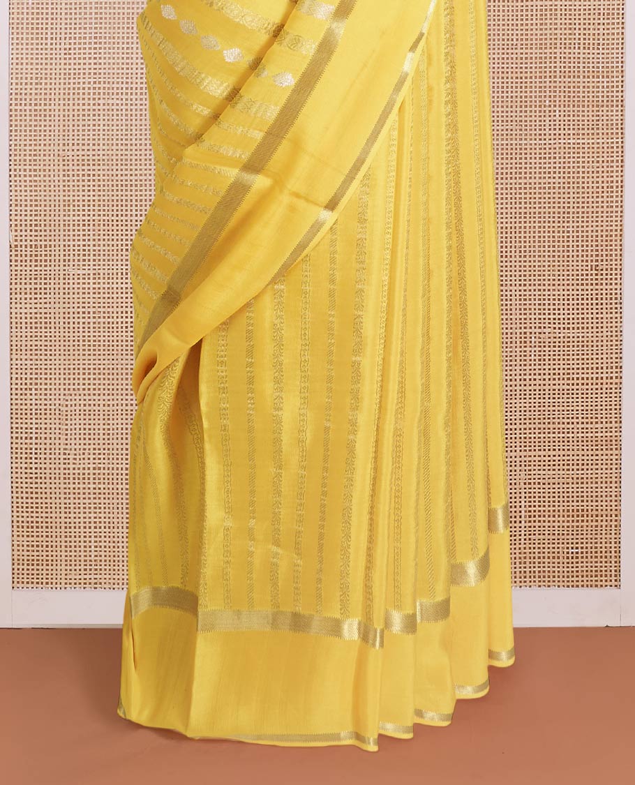 Yellow traditional zari steeped Mysore silk saree, rettai pettu zari border, and intricate pallu - Image 4