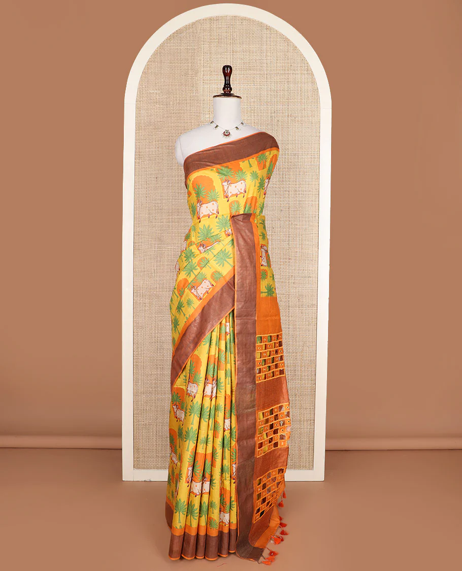 Yellow tree and Pichwai cow printed tussar silk saree, bavanji border, and checked pallu - Image 3