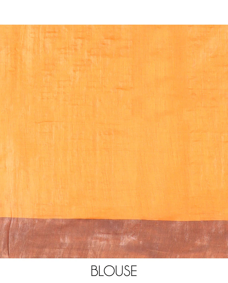Yellow tree and Pichwai cow printed tussar silk saree, bavanji border, and checked pallu - Image 4