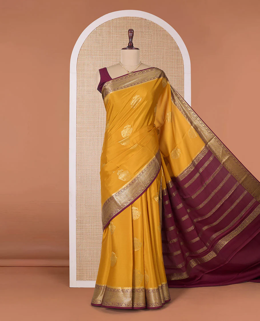 Yellow two-headed eagle motifs zari woven Mysore silk saree, contrast traditional zari border, and pallu of thick zari designs - Image 2