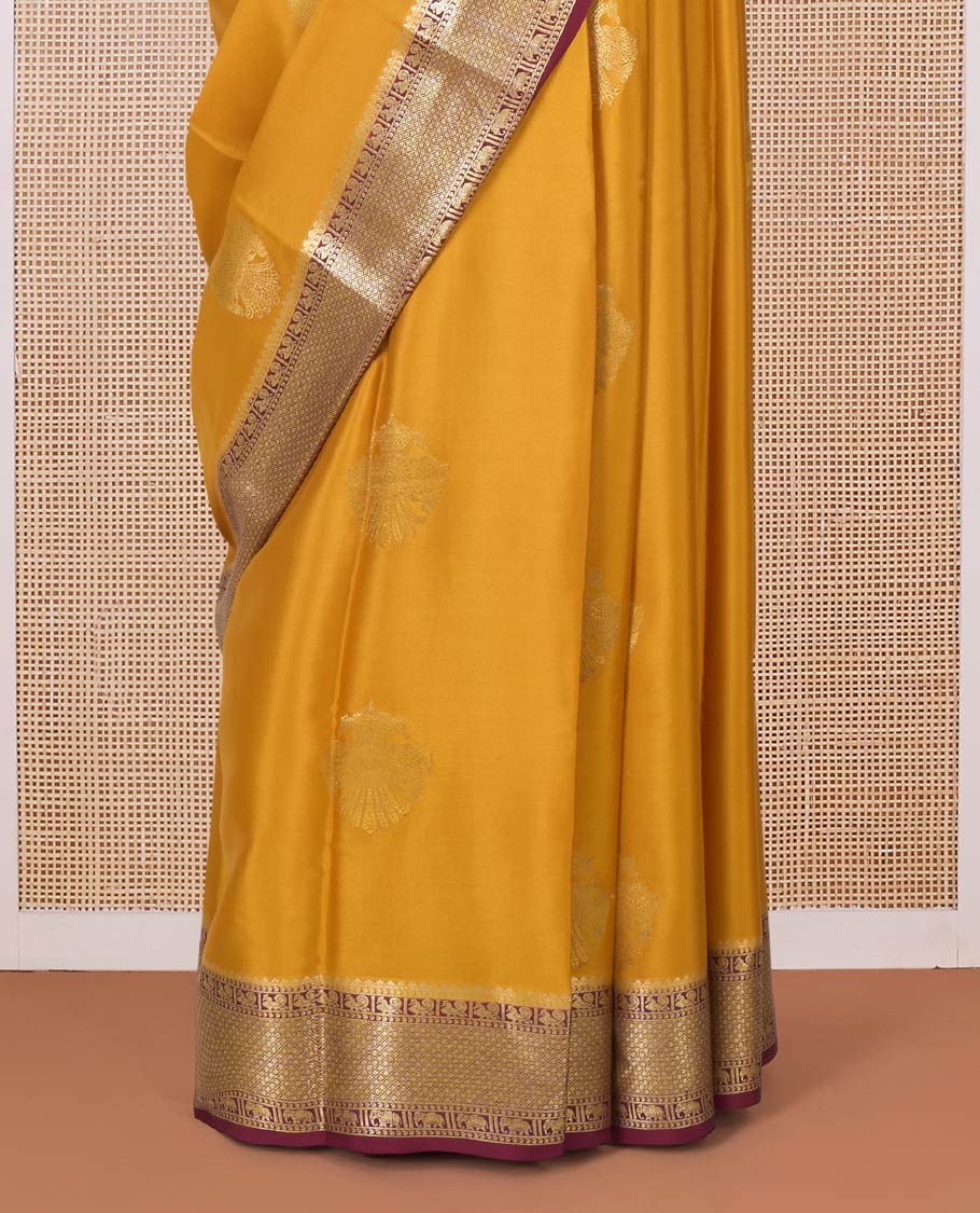 Yellow two-headed eagle motifs zari woven Mysore silk saree, contrast traditional zari border, and pallu of thick zari designs - Image 4