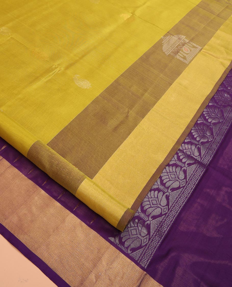 Yellow Uppada Silk Saree Decked Up with Paisley Buttas, Subtle Contrast Border of Temple Gopuram Motifs, Captivating Pallu Featuring Floral Jaal Design, and Paired with a Contrast Blouse - Image 2