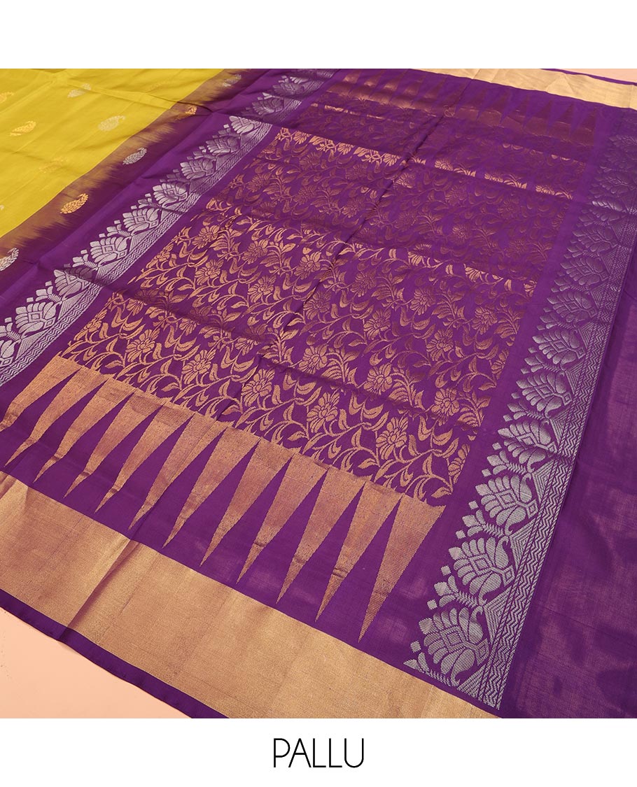 Yellow Uppada Silk Saree Decked Up with Paisley Buttas, Subtle Contrast Border of Temple Gopuram Motifs, Captivating Pallu Featuring Floral Jaal Design, and Paired with a Contrast Blouse - Image 5