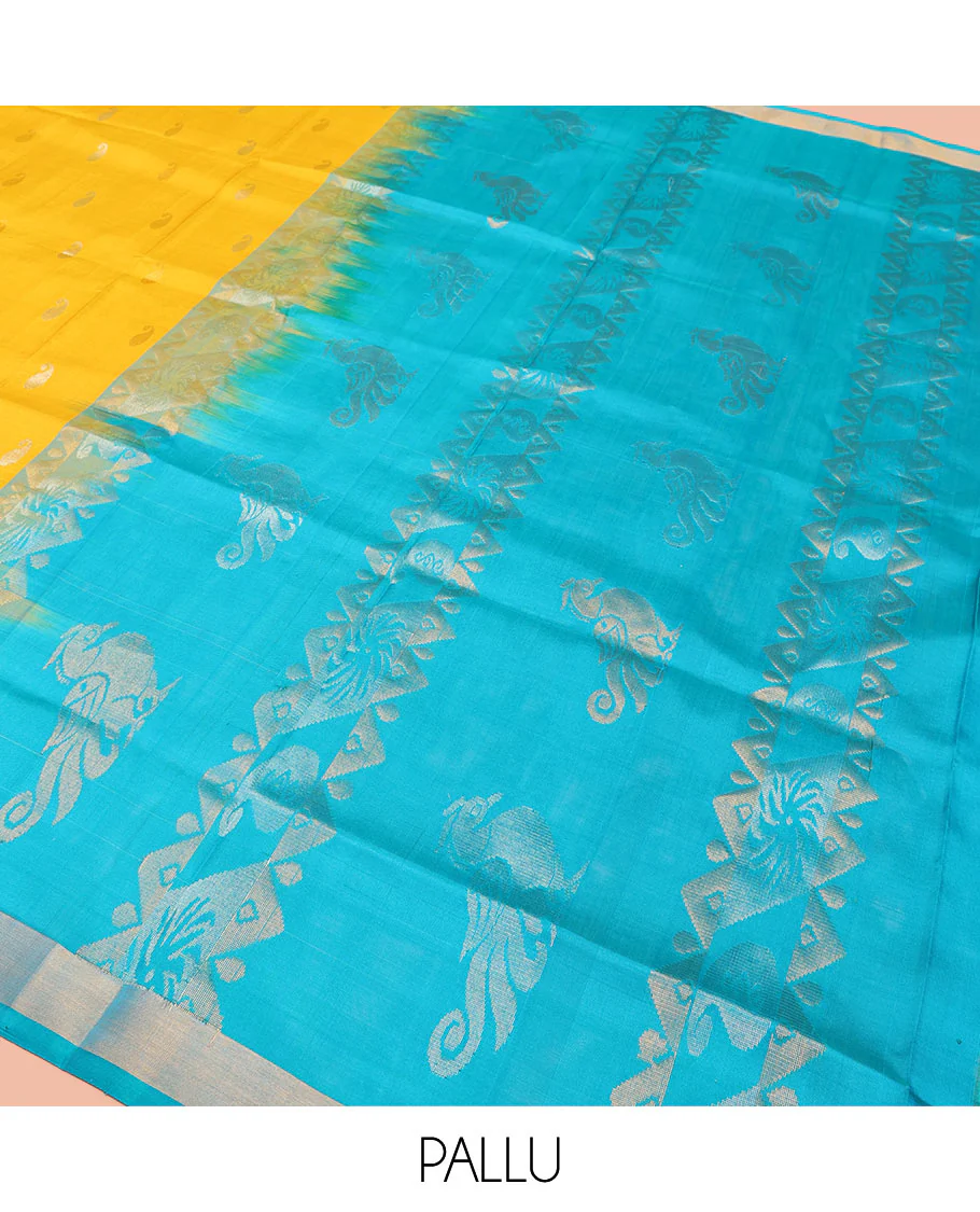 Yellow Uppada Silk Saree Gracefully Embellished with Zari Buttas and Paisley Buttas, Subtle Bavanji Border, Complemented by Contrast Pallu of Peacock Designs, and Paired with a Contrast Blouse - Image 5