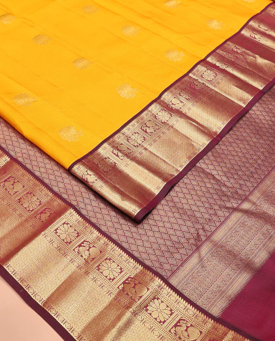 Yellow Vasundhara Lite Silk Mix Saree Dazzled with Zari Buttas, Complemented by a Contrast Border Featuring Rekku, Diamond, Muthu, Mayil, Kamalam, and Mayil Kann Designs, and Zari Elevated Jaal Pallu, and a Contrast Blouse - Image 2