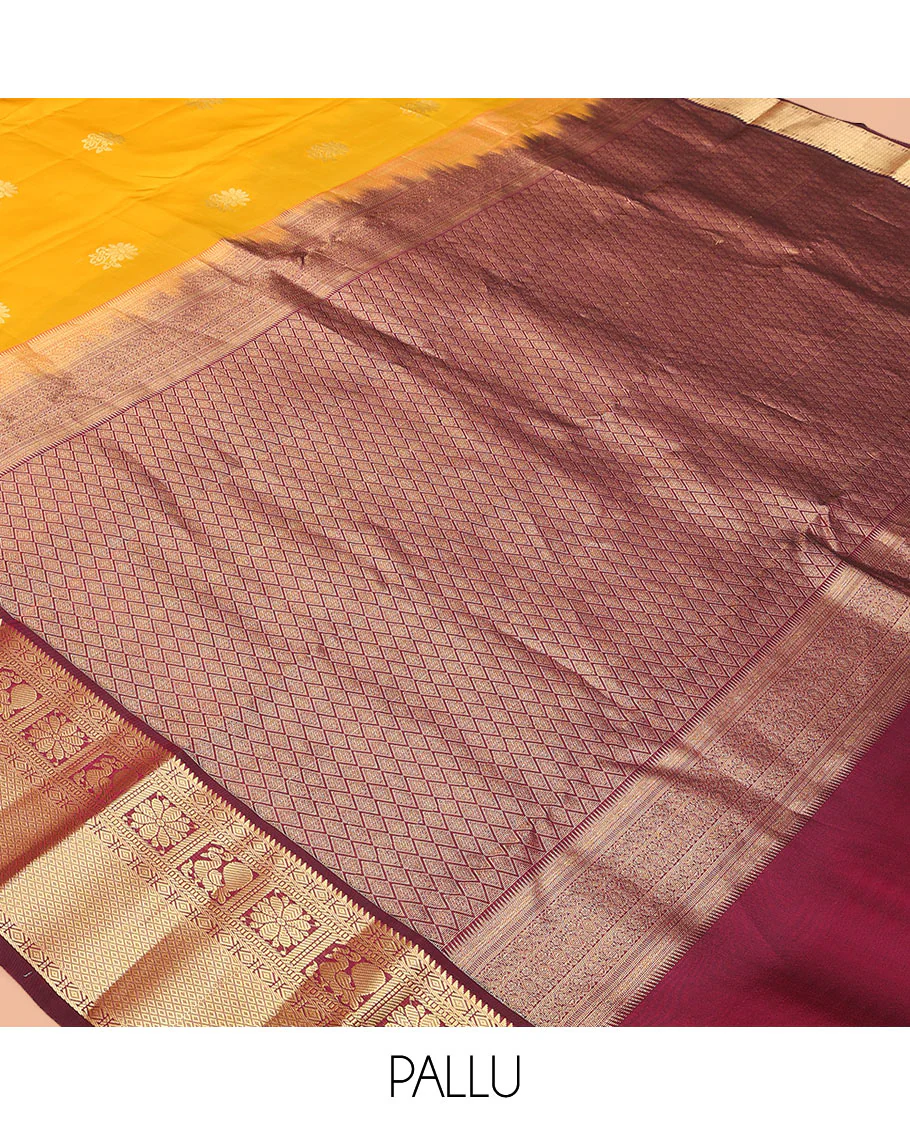Yellow Vasundhara Lite Silk Mix Saree Dazzled with Zari Buttas, Complemented by a Contrast Border Featuring Rekku, Diamond, Muthu, Mayil, Kamalam, and Mayil Kann Designs, and Zari Elevated Jaal Pallu, and a Contrast Blouse - Image 5