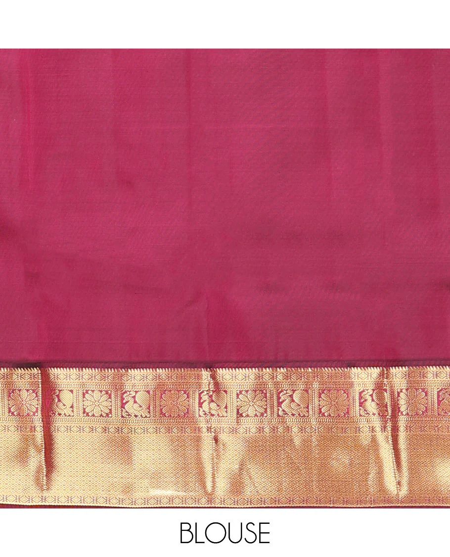 Yellow Vasundhara Lite Silk Mix Saree Dazzled with Zari Buttas, Complemented by a Contrast Border Featuring Rekku, Diamond, Muthu, Mayil, Kamalam, and Mayil Kann Designs, and Zari Elevated Jaal Pallu, and a Contrast Blouse - Image 6