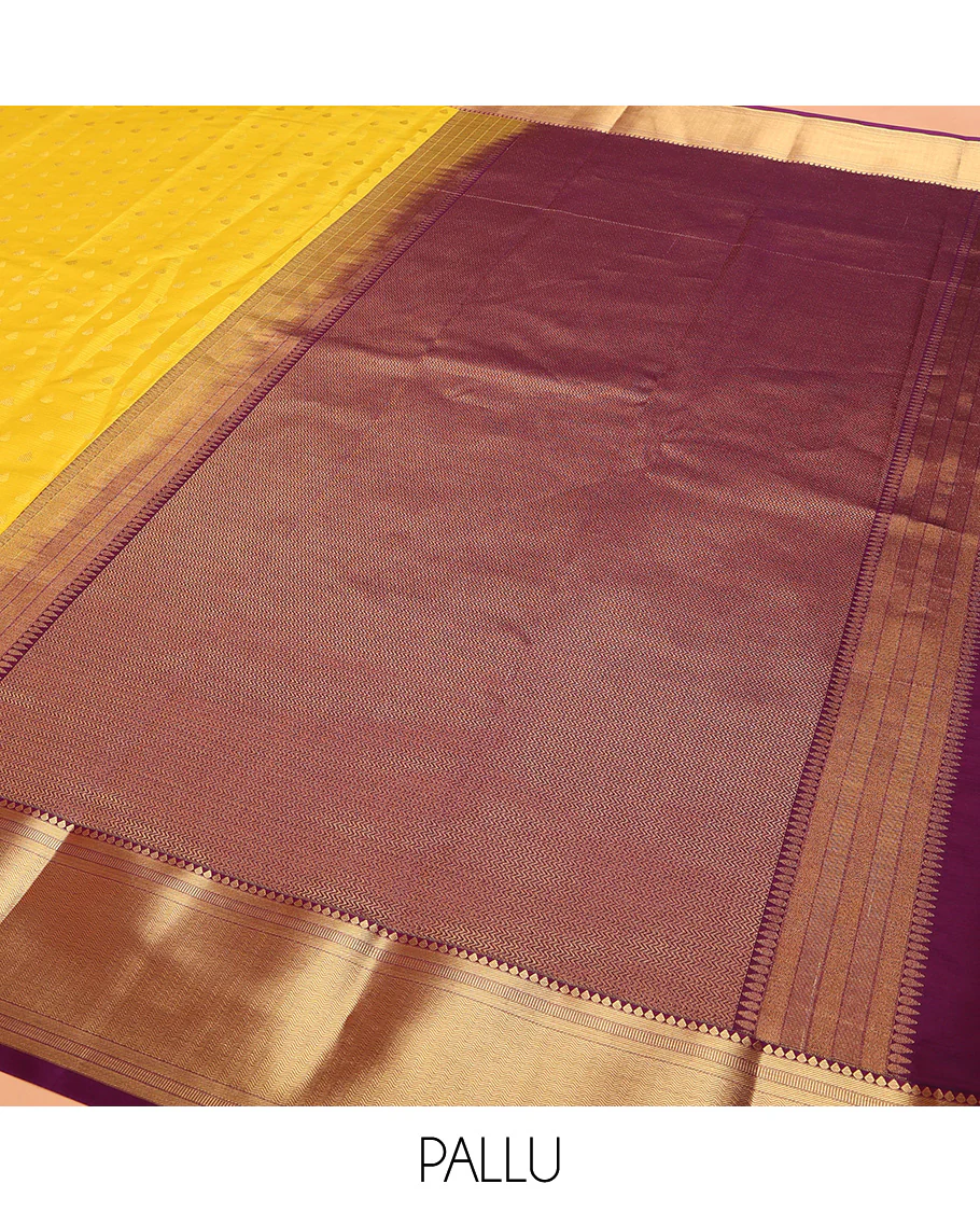 Yellow Vasundhara Lite Silk Mix Saree Decorated with Thilakam Buttas, Highlighted with Contrast Border Featuring Thilakam, Banaras, and Vanki Designs, Grandly Woven Pallu with Vanki Designs, and Paired with a Matching Blouse - Image 5