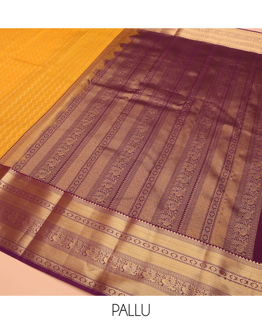 Yellow Vasundhara Lite Silk Mix Saree Highlighted by Zig-Zag Stripes, Featuring a Contrast Border of Rekku, Muthu, Puli Nagam, Laddu Kamalam, and Mayil Designs, Pallu Steeped with Traditional Zari Designs, and a Contrast Blouse - Image 5