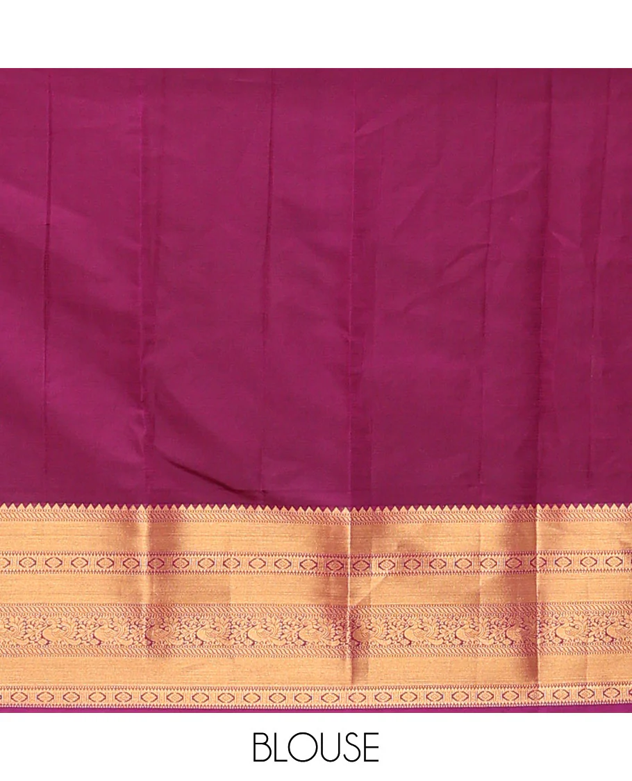 Yellow Vasundhara Lite Silk Mix Saree Highlighted by Zig-Zag Stripes, Featuring a Contrast Border of Rekku, Muthu, Puli Nagam, Laddu Kamalam, and Mayil Designs, Pallu Steeped with Traditional Zari Designs, and a Contrast Blouse - Image 6