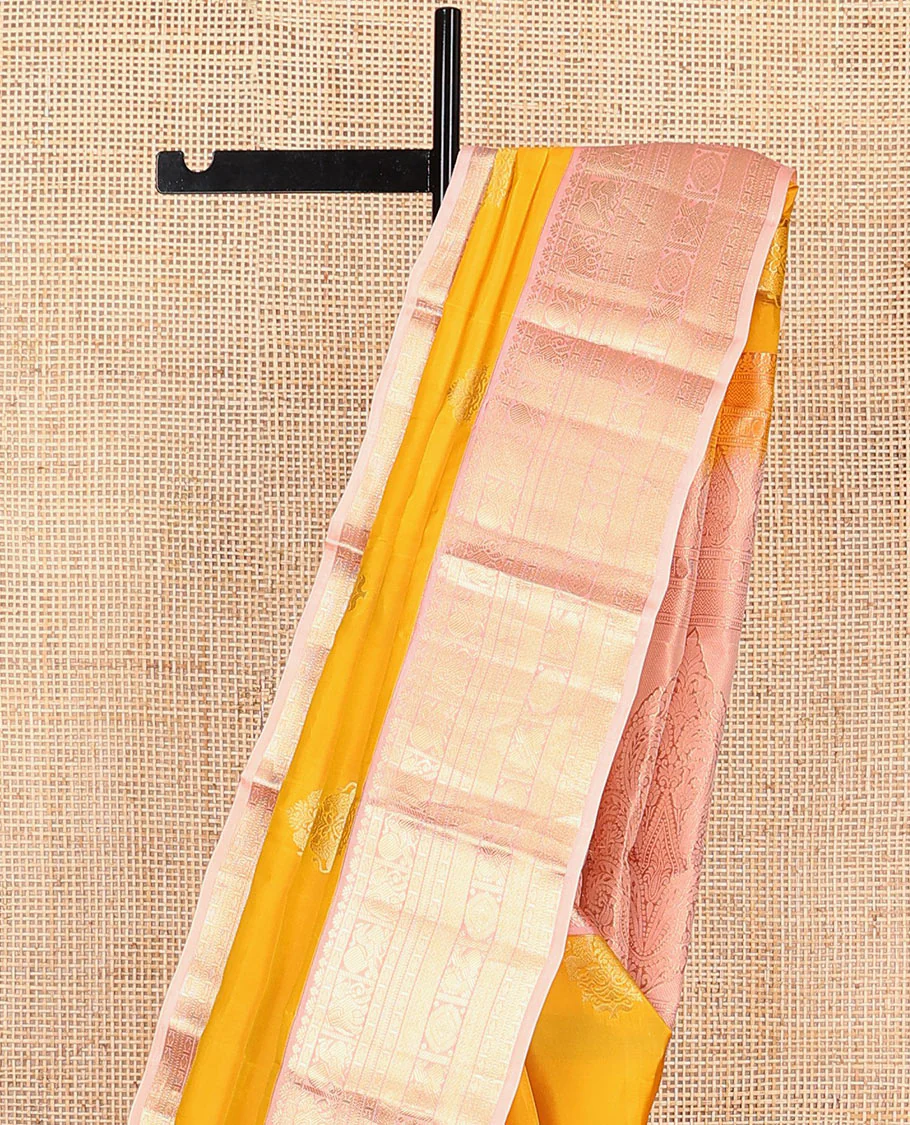 Yellow Vasundhara Lite Silk Mix Saree Ornamented with Singam Buttas, Complemented by a Contrast Border Featuring Yaanai, Mayil, Chakram, and Manga Designs, Intricately Zari Decked Up Pallu, and a Contrast Blouse - Image 3