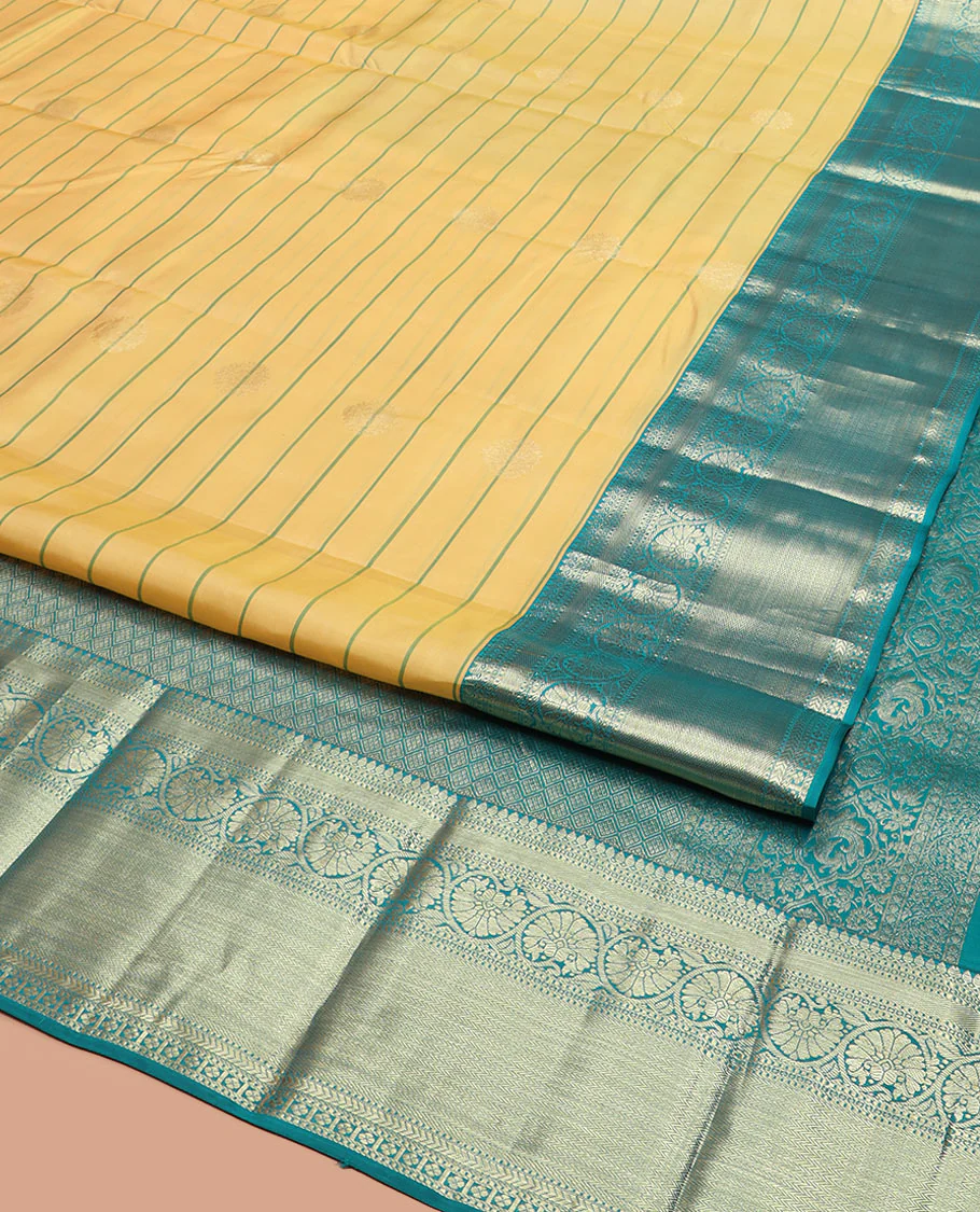 Yellow Vasundhara Silk Saree Graced with Stripes and Zari Buttas, Complemented by a Contrast Border of Thilakam Mokku, Vanki, Kathir, Lavangam, and Kodi Visiry Designs, Zari Elevated Pallu of Jaal Design, and Paired with a Contrast Blouse - Image 2