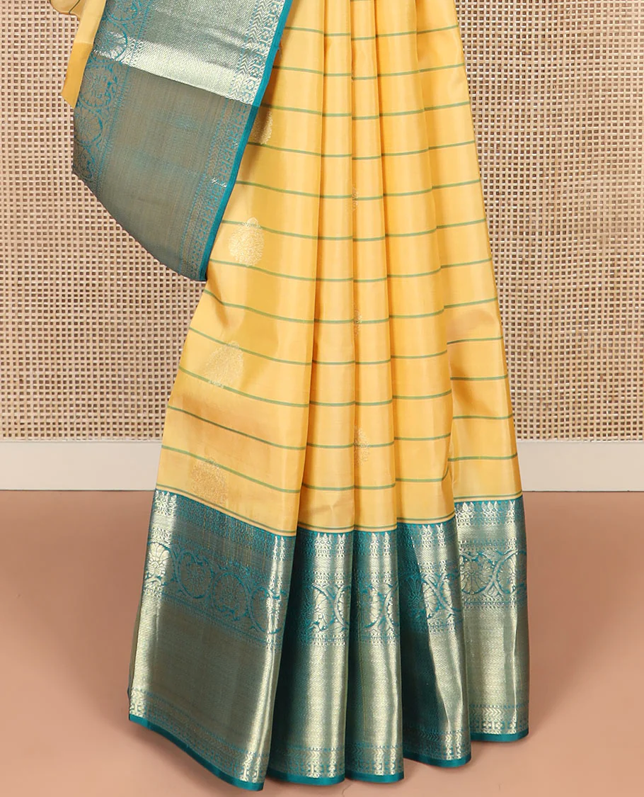 Yellow Vasundhara Silk Saree Graced with Stripes and Zari Buttas, Complemented by a Contrast Border of Thilakam Mokku, Vanki, Kathir, Lavangam, and Kodi Visiry Designs, Zari Elevated Pallu of Jaal Design, and Paired with a Contrast Blouse - Image 4