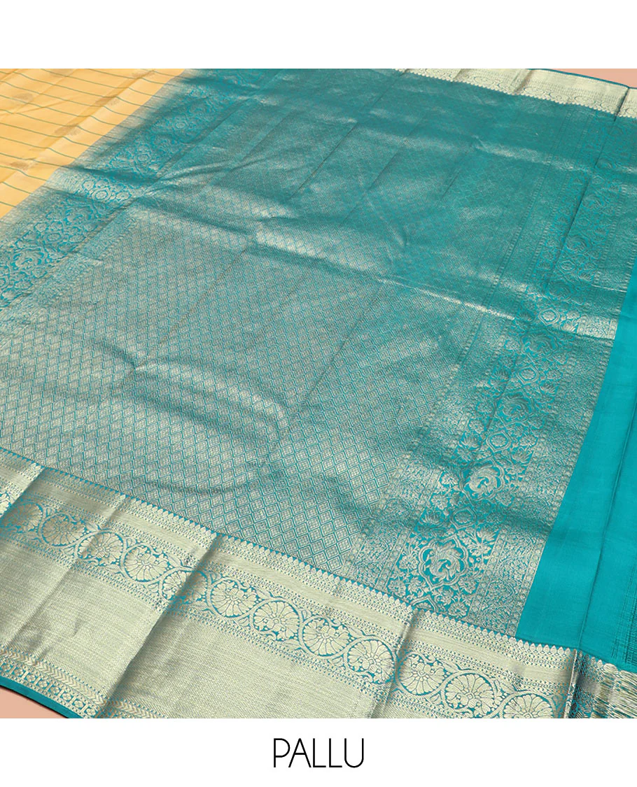 Yellow Vasundhara Silk Saree Graced with Stripes and Zari Buttas, Complemented by a Contrast Border of Thilakam Mokku, Vanki, Kathir, Lavangam, and Kodi Visiry Designs, Zari Elevated Pallu of Jaal Design, and Paired with a Contrast Blouse - Image 5