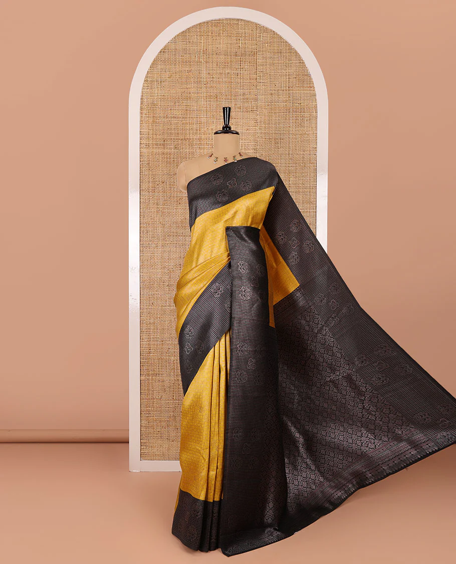 Yellow zari buttas and checked kanchi silk saree, contrast border of zari buttas, and checks, intricate pallu, and contrast zari bordered blouse - Image 4