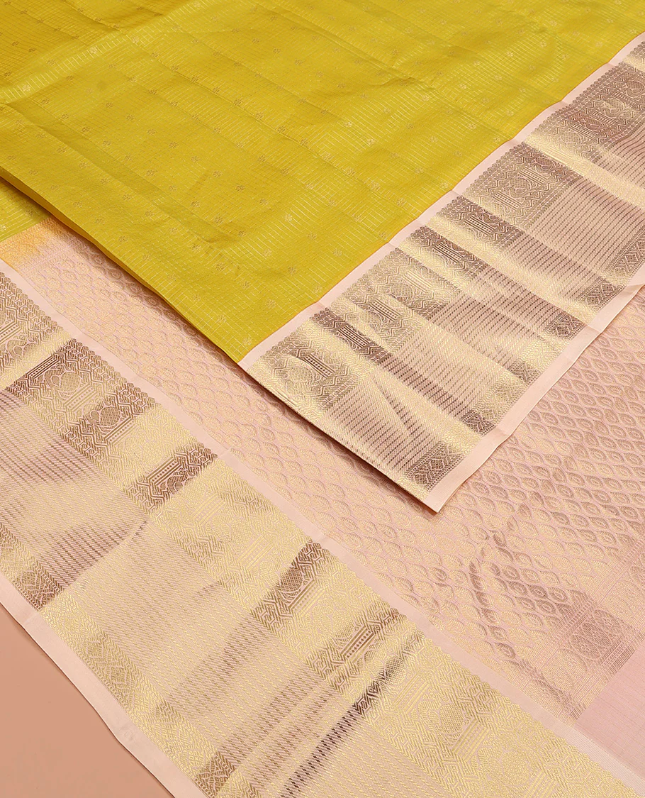 Yellow zari buttas and micro-checked Vasundhara Lite Silk Mix Saree, contrast border of thilakam mokku, banaras, paisa, mayil, banaras, and zari design, and peacock feather motifs pallu - Image 2