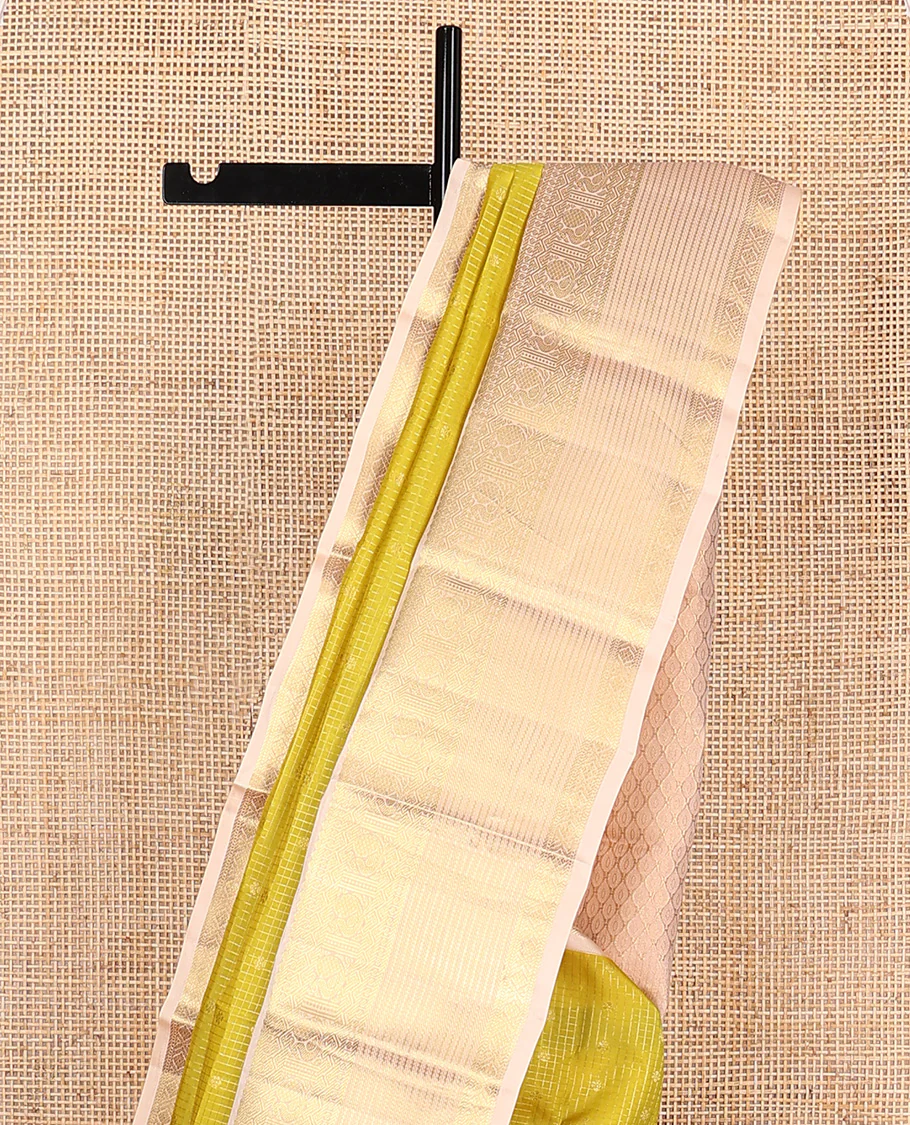 Yellow zari buttas and micro-checked Vasundhara Lite Silk Mix Saree, contrast border of thilakam mokku, banaras, paisa, mayil, banaras, and zari design, and peacock feather motifs pallu - Image 3