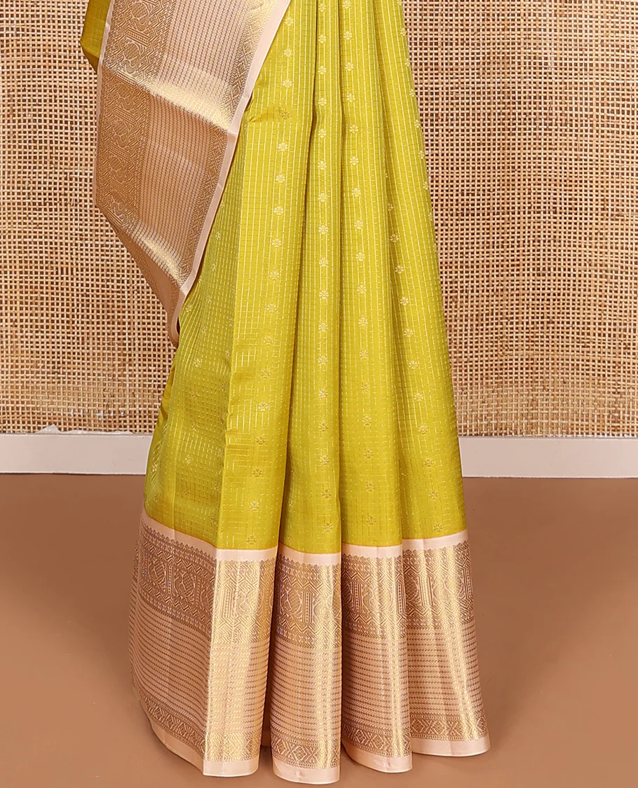 Yellow zari buttas and micro-checked Vasundhara Lite Silk Mix Saree, contrast border of thilakam mokku, banaras, paisa, mayil, banaras, and zari design, and peacock feather motifs pallu - Image 4