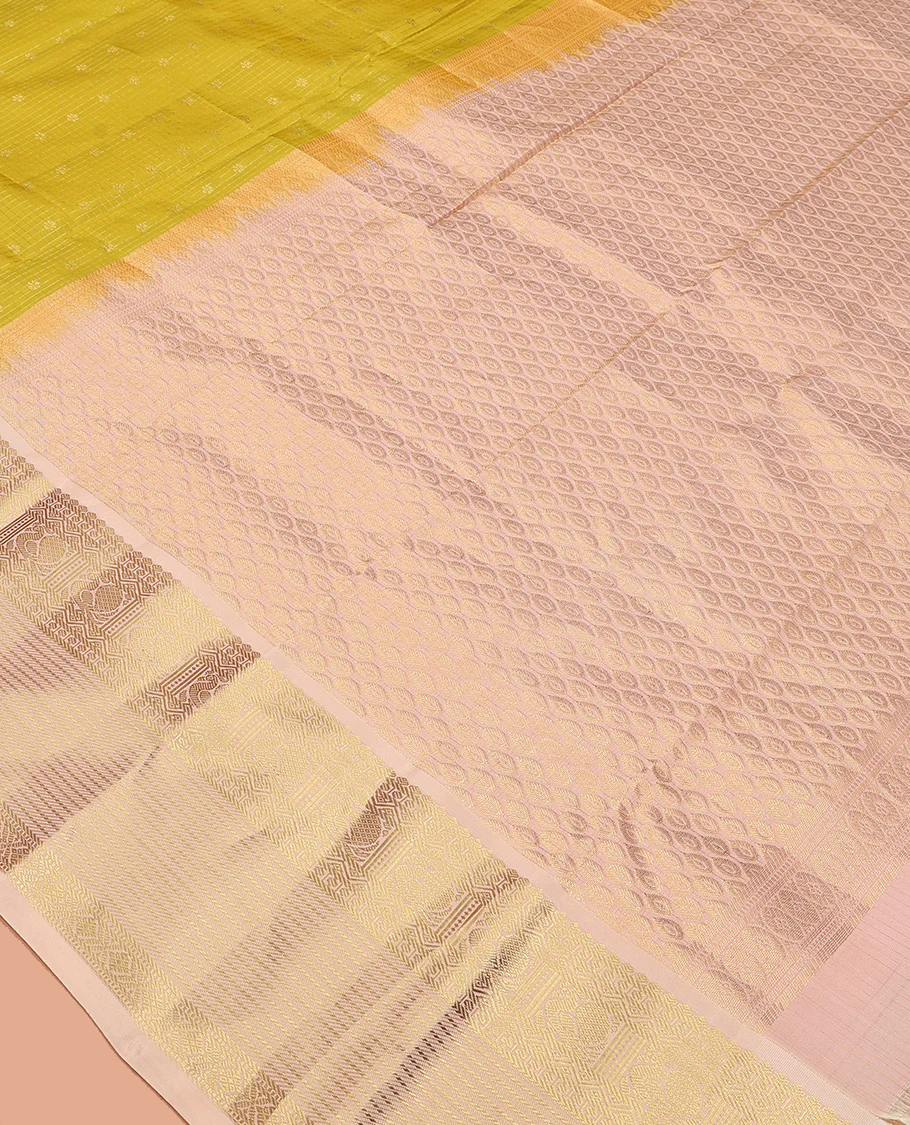 Yellow zari buttas and micro-checked Vasundhara Lite Silk Mix Saree, contrast border of thilakam mokku, banaras, paisa, mayil, banaras, and zari design, and peacock feather motifs pallu - Image 5