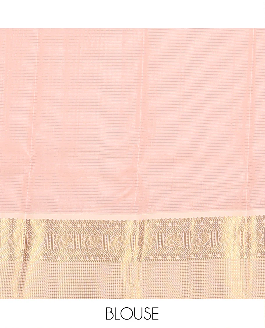 Yellow zari buttas and micro-checked Vasundhara Lite Silk Mix Saree, contrast border of thilakam mokku, banaras, paisa, mayil, banaras, and zari design, and peacock feather motifs pallu - Image 6