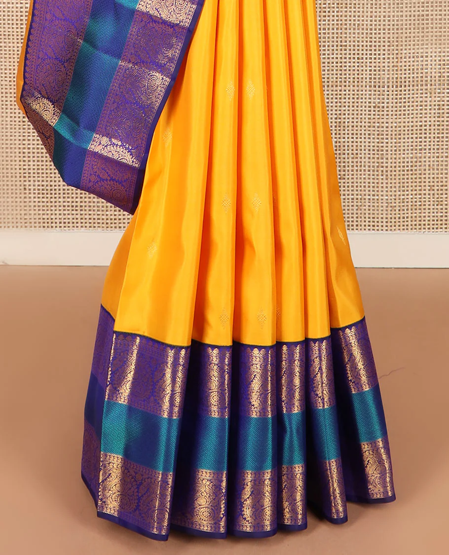Yellow zari buttas Kanchipuram silk saree, contrast border of salangai, manga, muthu, arumbu manga, and mayil kann designs, and vanki pallu - Image 4