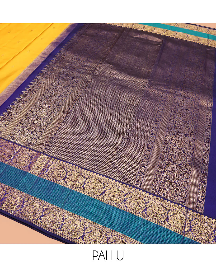 Yellow zari buttas Kanchipuram silk saree, contrast border of salangai, manga, muthu, arumbu manga, and mayil kann designs, and vanki pallu - Image 5