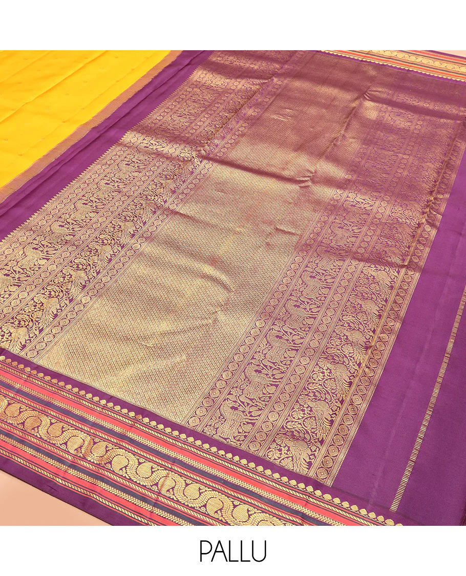 Yellow zari buttas Kanchipuram silk saree, contrast border of thilakam mokku, banaras, kathir, and dhavana manga designs, and mayil kann design pallu - Image 5