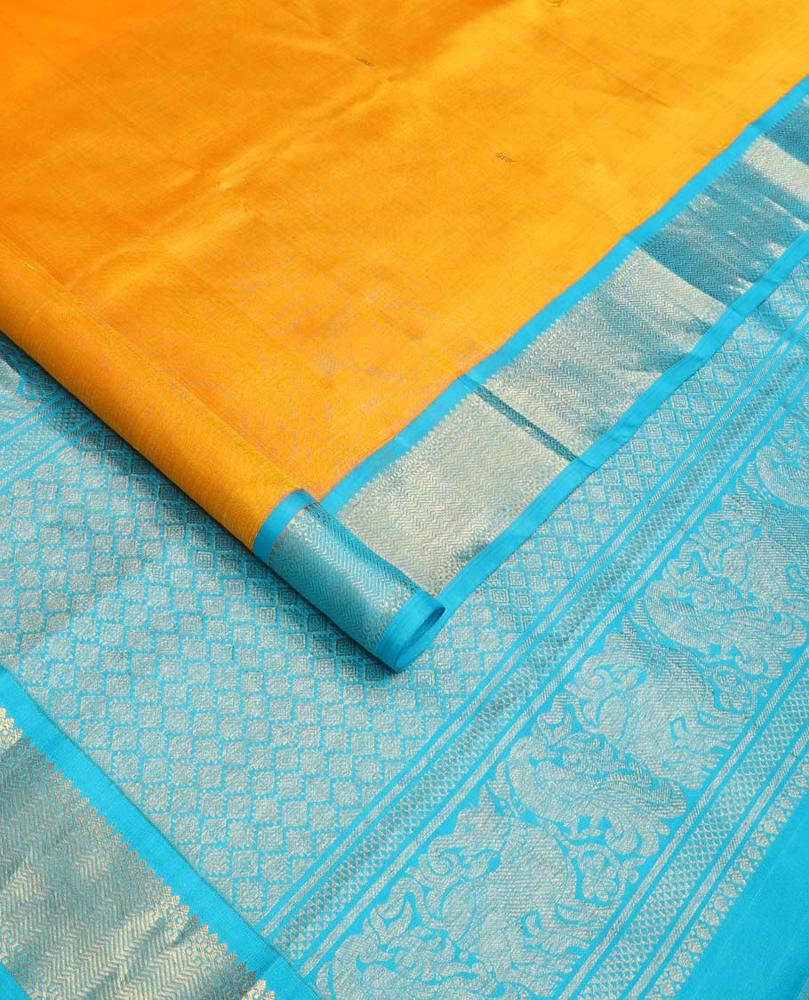 Yellow zari buttas Kanchipuram silk saree, contrast korvai border of thilakam mokku, muthu, and vanki designs, and zari-rich jaal pallu - Image 2