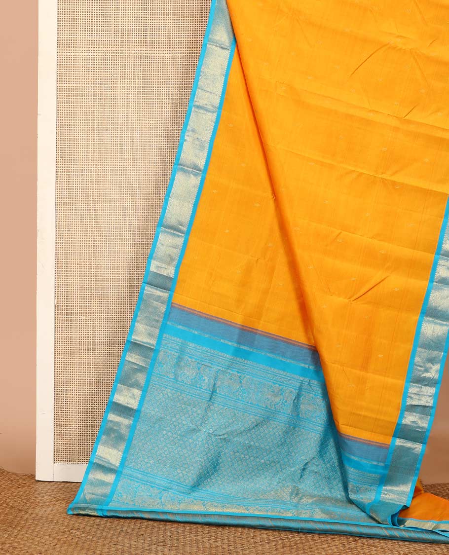Yellow zari buttas Kanchipuram silk saree, contrast korvai border of thilakam mokku, muthu, and vanki designs, and zari-rich jaal pallu - Image 3
