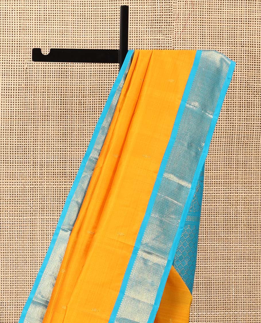 Yellow zari buttas Kanchipuram silk saree, contrast korvai border of thilakam mokku, muthu, and vanki designs, and zari-rich jaal pallu - Image 4