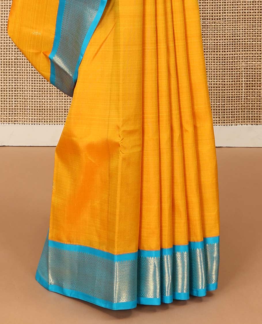 Yellow zari buttas Kanchipuram silk saree, contrast korvai border of thilakam mokku, muthu, and vanki designs, and zari-rich jaal pallu - Image 5
