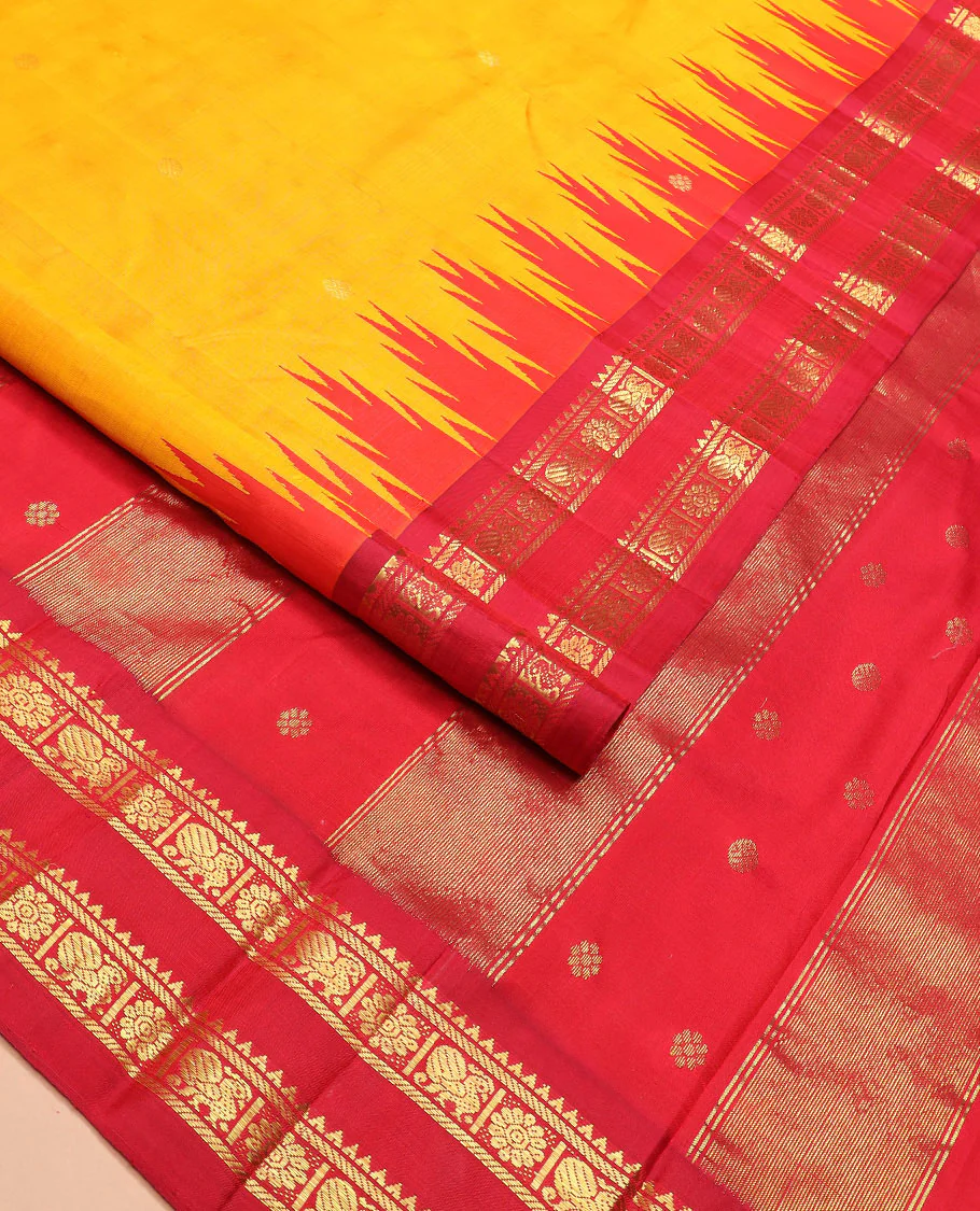 Yellow zari buttas Kanchipuram silk saree, contrast thazampoo rekku border of rekku, banaras, and mayil chakram designs, and zari design pallu - Image 2