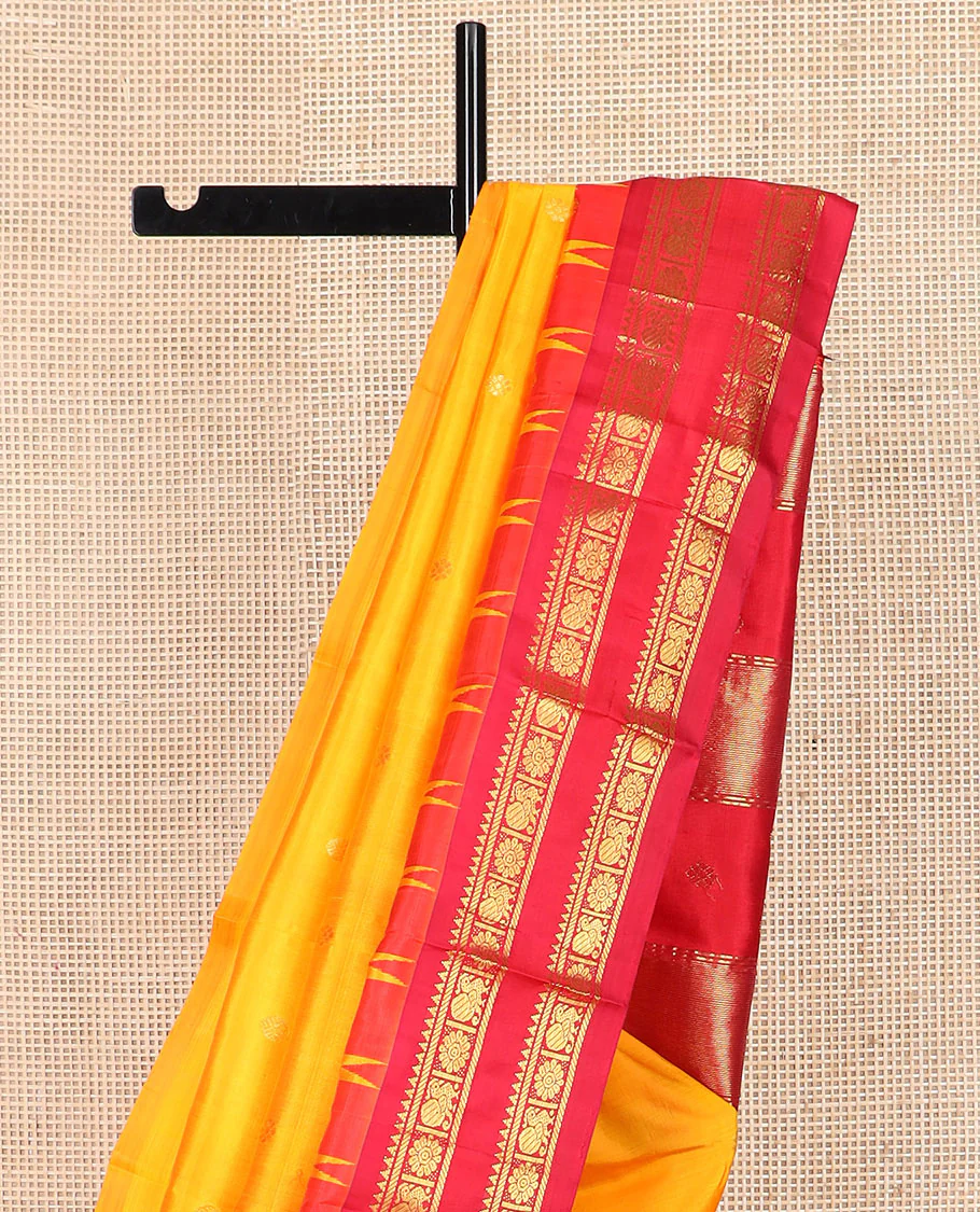 Yellow zari buttas Kanchipuram silk saree, contrast thazampoo rekku border of rekku, banaras, and mayil chakram designs, and zari design pallu - Image 3
