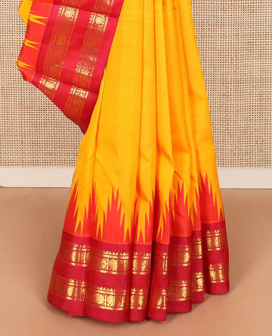 Yellow zari buttas Kanchipuram silk saree, contrast thazampoo rekku border of rekku, banaras, and mayil chakram designs, and zari design pallu - Image 4