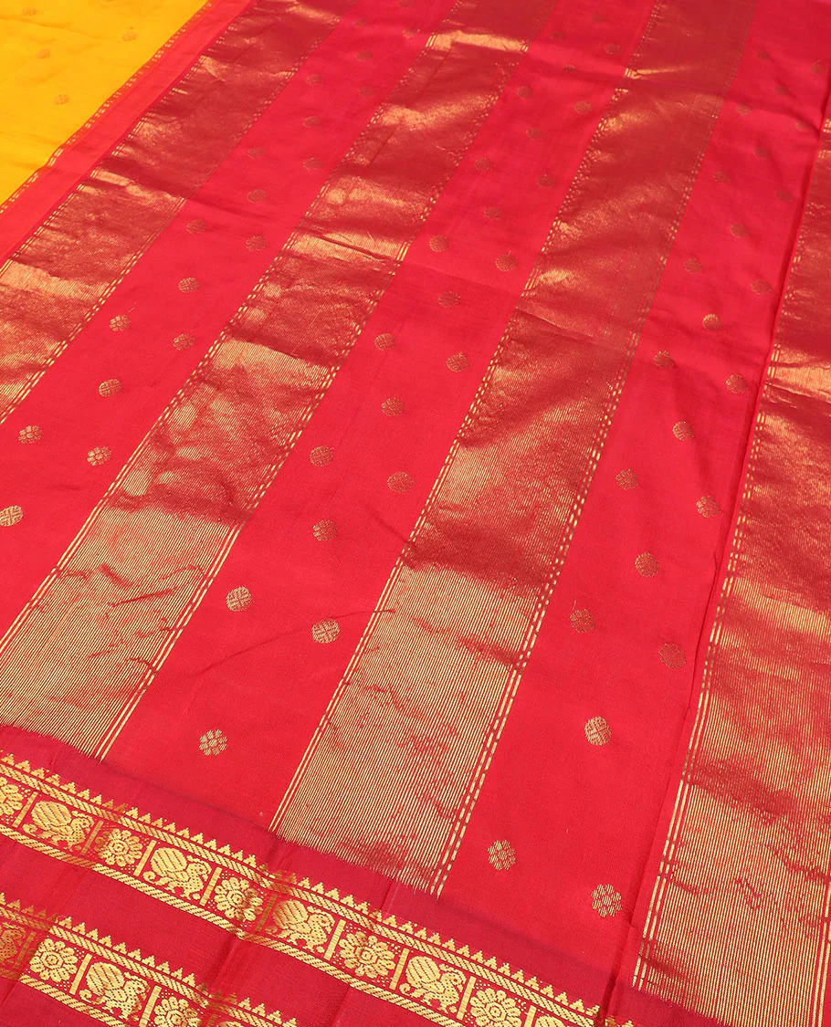 Yellow zari buttas Kanchipuram silk saree, contrast thazampoo rekku border of rekku, banaras, and mayil chakram designs, and zari design pallu - Image 5
