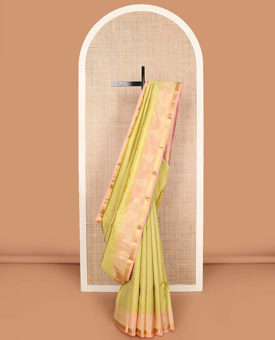 Yellow zari buttas Kanchipuram silk saree, contrast zari design border, and pallu of zari designs