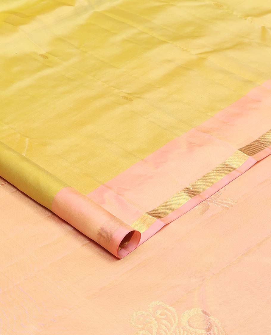 Yellow zari buttas Kanchipuram silk saree, contrast zari design border, and pallu of zari designs - Image 2