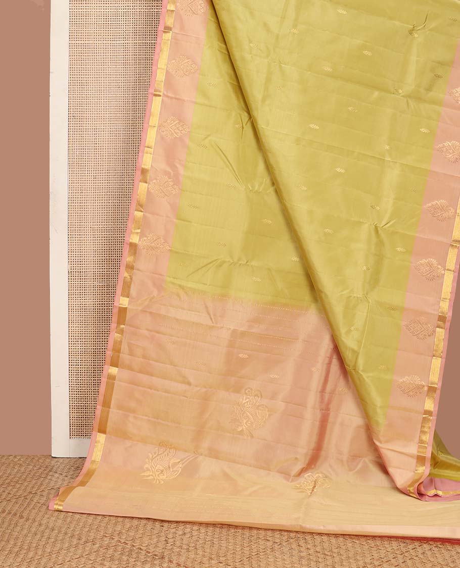 Yellow zari buttas Kanchipuram silk saree, contrast zari design border, and pallu of zari designs - Image 3