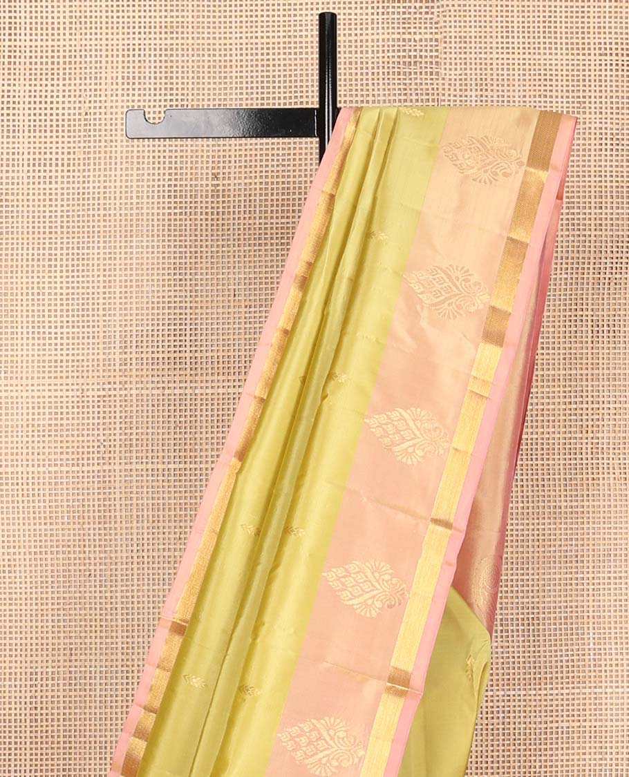 Yellow zari buttas Kanchipuram silk saree, contrast zari design border, and pallu of zari designs - Image 4