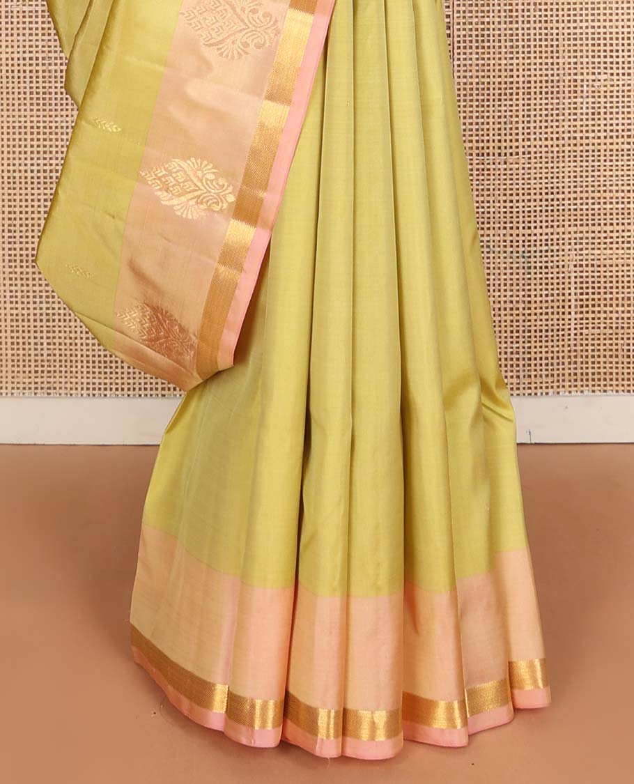 Yellow zari buttas Kanchipuram silk saree, contrast zari design border, and pallu of zari designs - Image 5