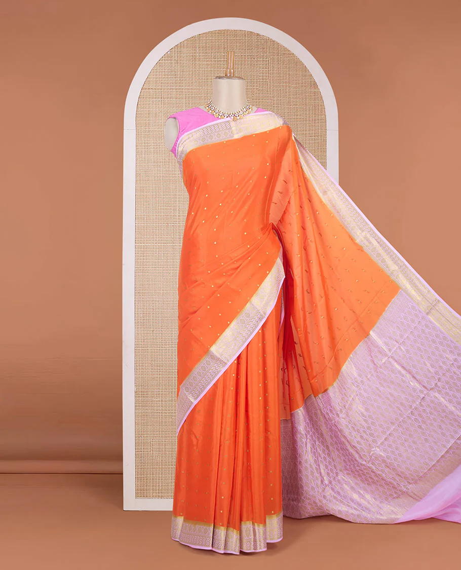 Orange zari buttas Mysore silk saree, contrast traditional zari border & intricately zari woven pallu - Image 2