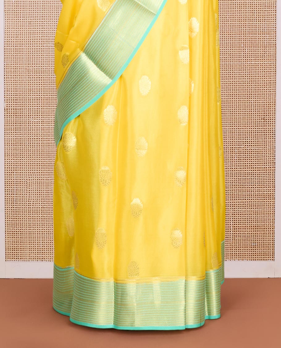 Yellow zari buttas Mysore silk saree, contrast traditional design zari border & pallu of chevron designs - Image 4